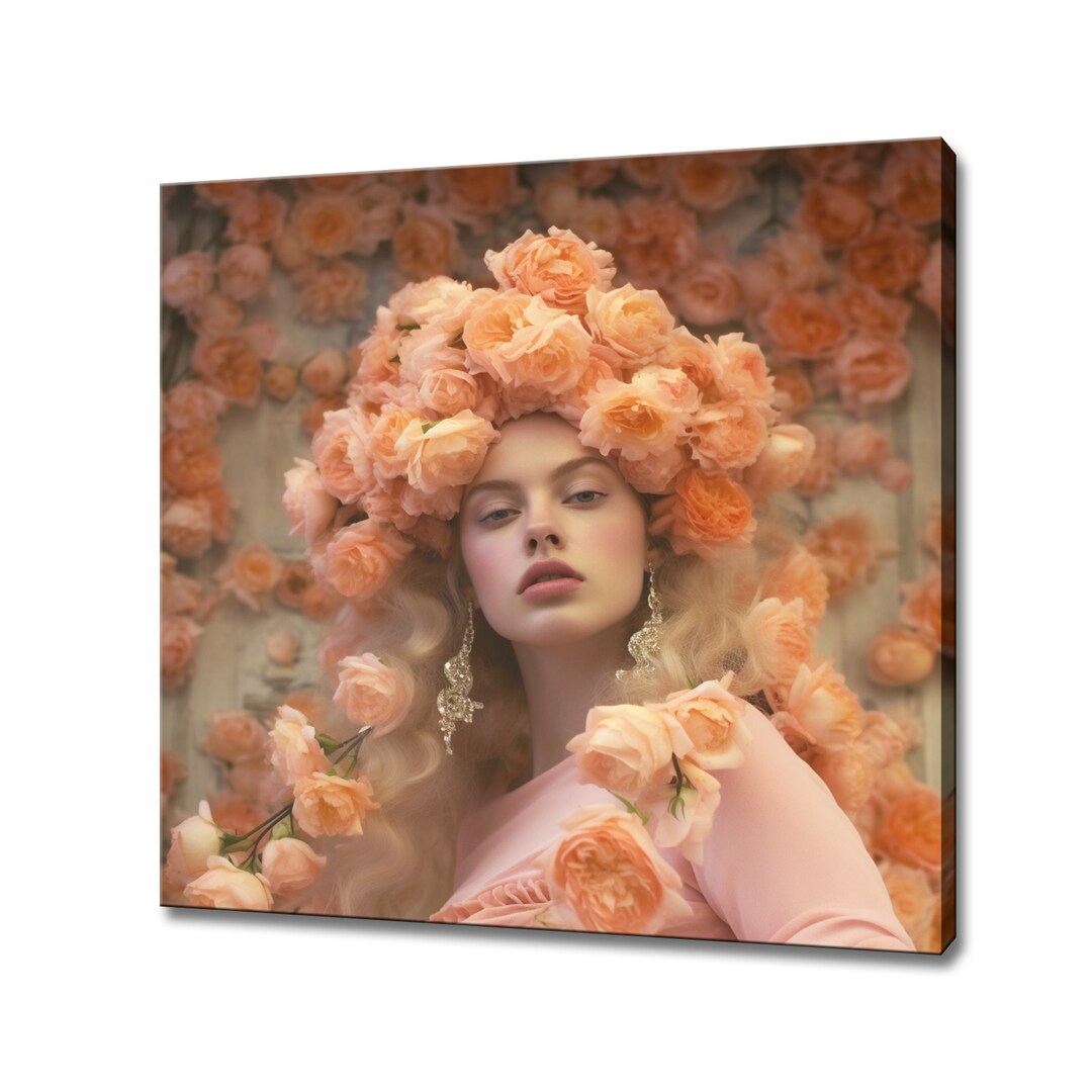 Orange Peach Flowers Woman Head Canvas Print, Rococo Flowers Wall Art ...