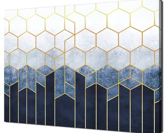 Stampa su tela con decorazione moderna blu e oro, motivo astratto geometrico di esagoni, immagine artistica da parete