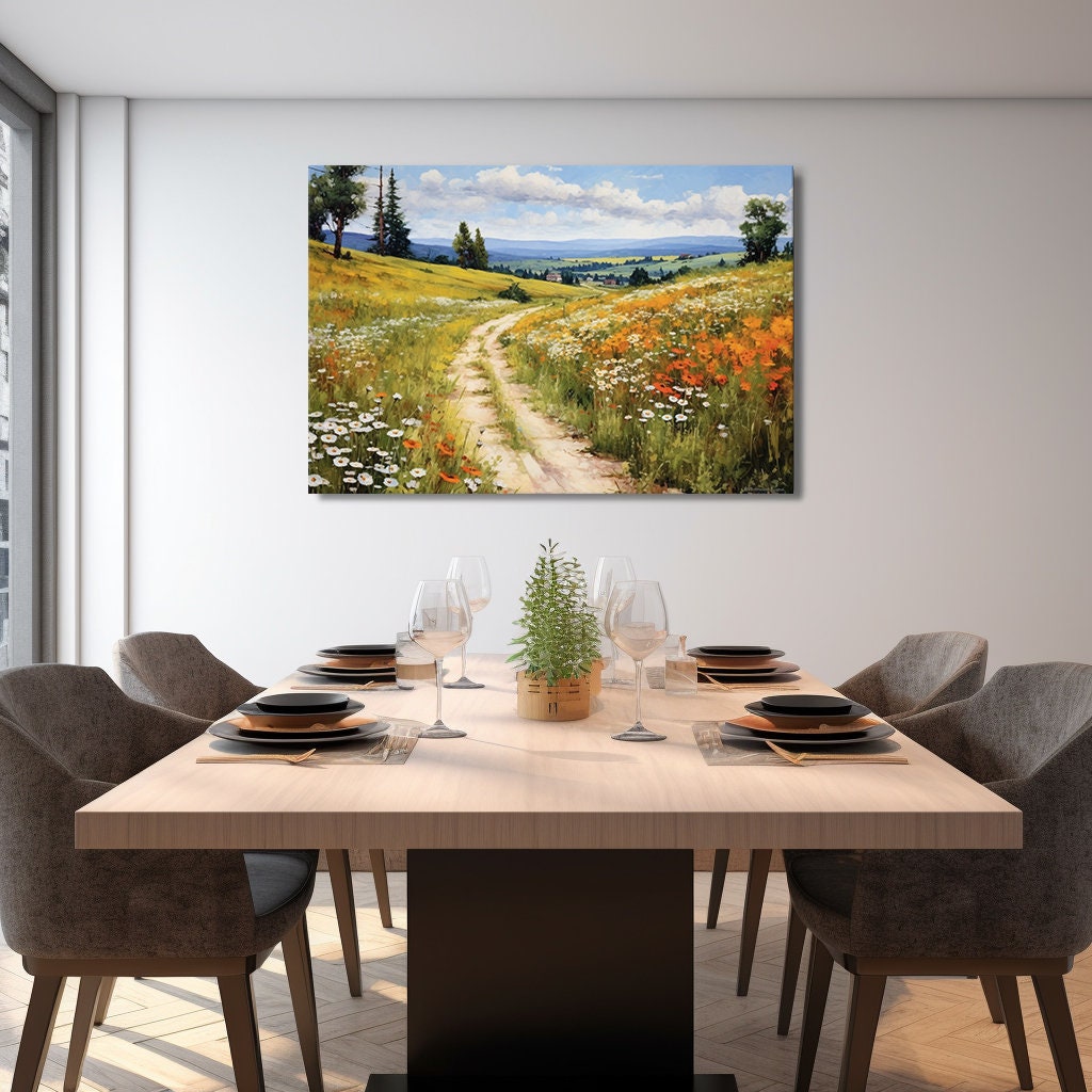 Tableau Toile Décorative "Route En Automne" - Peinture Vintage Champs Fleuris - Fabriqué Au Royaume-Uni