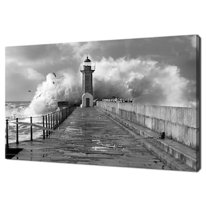 Waves Crashing Over A Lighthouse Dock Black White Modern Design Home Decor Canvas Print Wall Art Picture