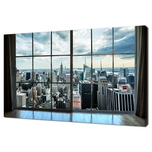 Window View of Manhattan New York City Skyline Buildings Modern Design Home Decor Canvas Print Wall Art Picture