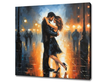 Romantic Couple Love In The City Painting Style Canvas Print, Large Wall Art Print, Romantic Picture Wall Hanging, Bedroom Wall Decor