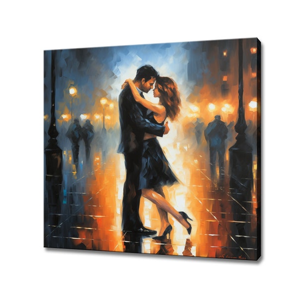 Romantisch paar liefde in de stad schilderstijl canvas print, grote muur kunst print, romantische foto muur opknoping, slaapkamer muur decor