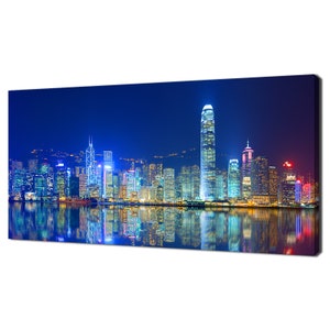 Beautiful Hong Kong Blue Night Skyline City Lights Panoramic Modern Design Home Decor Canvas Print Wall Art Picture