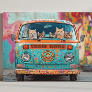 Cats In Colourful Retro Hippie Van Canvas Print, Cute Funny Cat Fine Art Print, Gift For Cat Lover, Pet Cat Wall Art, Whimsical Wall Decor