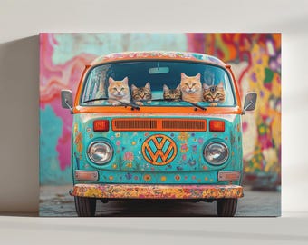 May include: A colorful, vintage Volkswagen van with a psychedelic paint job. Four cats are sitting in the front seats, looking out the windows. The van is driving down a street with colorful graffiti on the walls.