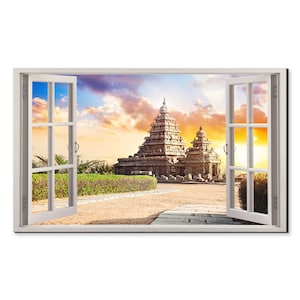 Shore Temple India At Sunset Window View, Window Frame Style Modern Design Home Decor Canvas Print Wall Art Picture Ready To Hang