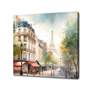 Colourful Summer In Paris Cityscape Streets, Eiffel Tower, Modern City Design Home Decor, Watercolour Painting Style Canvas Print Wall Art