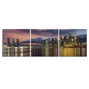 Sunset Over Singapore Central Business District City Skyline Panorama 3 Panels Modern Design Home Decor Canvas Print Wall Art Picture