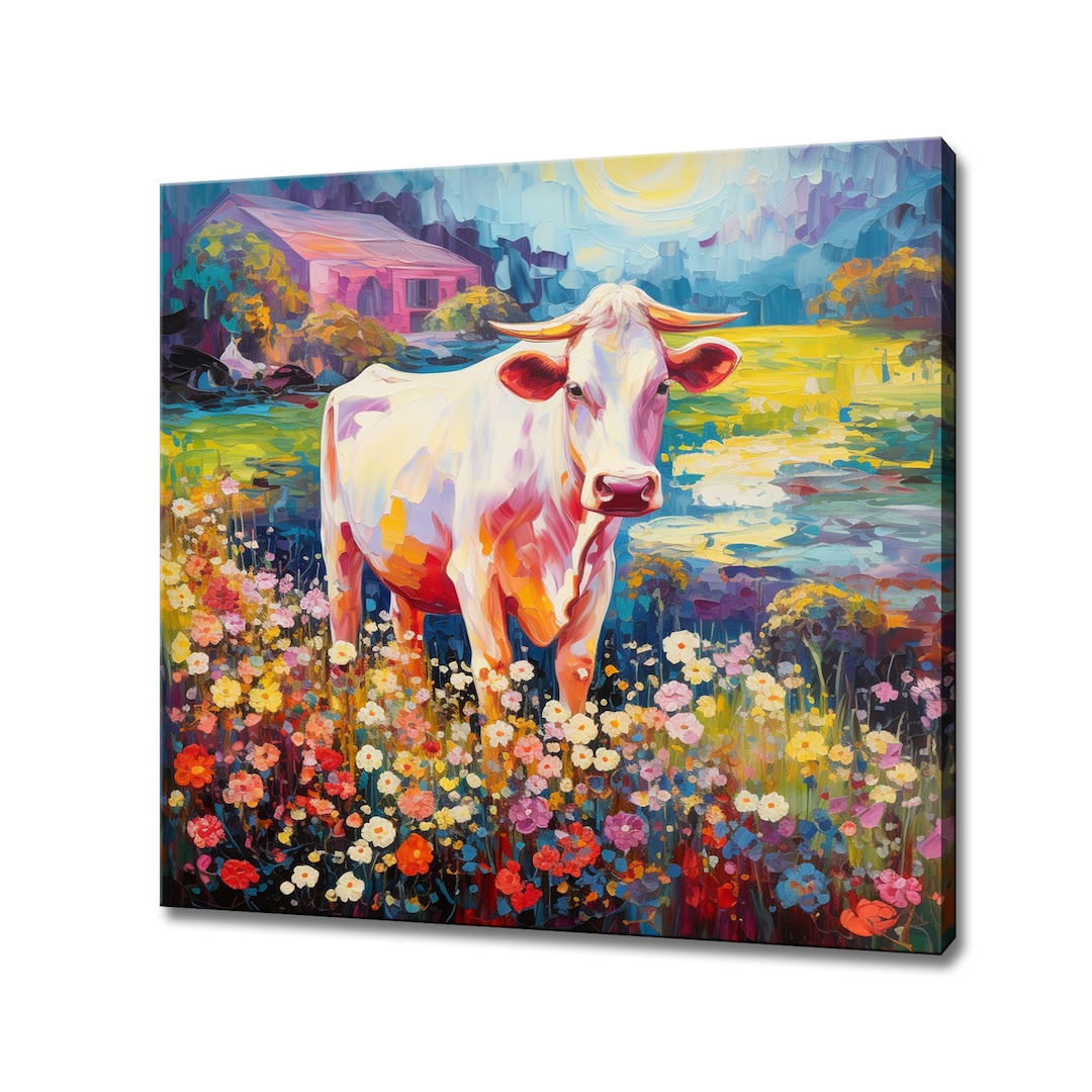 Cow in the Flowers Field, Animal Canvas Print Art, Gift for Cow Lover ...