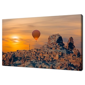 Hot Air Balloon Flying Over Cappadocia Goreme Castle Modern Design Decor Canvas Print Wall Art Picture