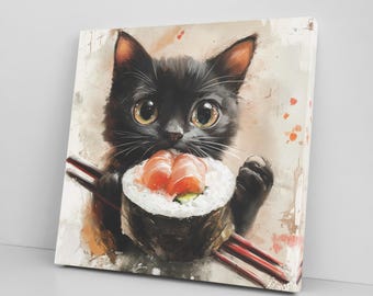 Black Kitten Eating Sushi Canvas Print, Cute Pet Lover Decor, Gift for Cat Lovers, Adorable Cat Canvas Wall Art, Feline Wall Art Home Decor