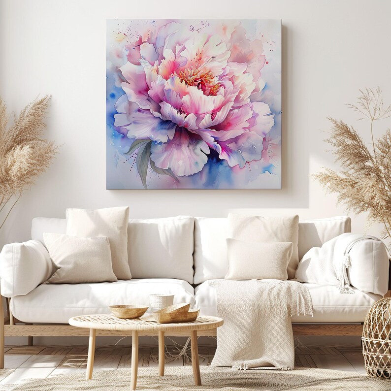 Beautiful Pink Peony Flower Watercolour Canvas Print, Modern Floral ...