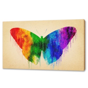 Stampa su tela con farfalla colorata arcobaleno, design moderno, decorazione per la casa, pronta da appendere.