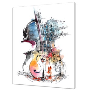 Colourful Violin Watercolour Painting Style Romantic Couple City Music Modern Canvas Print Wall Art Picture