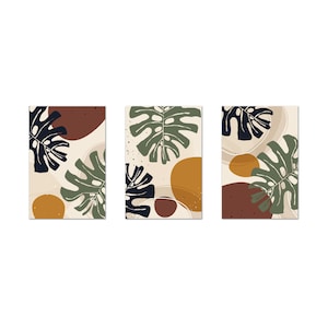 Botanical Plants Art, Boho Minimalist Print, Terracotta Green Brown Monstera Leaves Set Of 3 Prints Modern Canvas Print Wall Art Home Decor