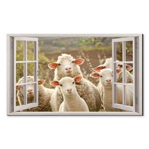 Sheep Within A Mob Window In Winter View, Window Frame Style Modern Design Home Decor Canvas Print Wall Art Picture Ready To Hang