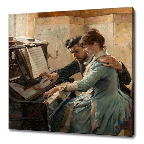 Couple At The Piano (1884) , Vintage Portrait Oil Painting Canvas Print, Victorian Woman Playing A Piano, Moody Pianist Fine Wall Art