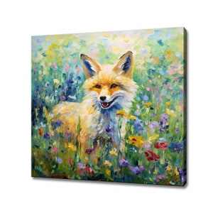 Impressão em tela de animal de campo de raposa em flores, presente para amante de raposa, impressão de pintura de retrato de raposa colorida, arte de parede de raposa