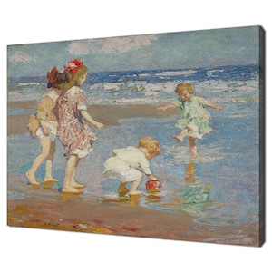 Kinderen spelen in de branding, plezier op het strand, vintage victoriaanse canvas olieverfschilderij, antiek vintage zeegezicht
