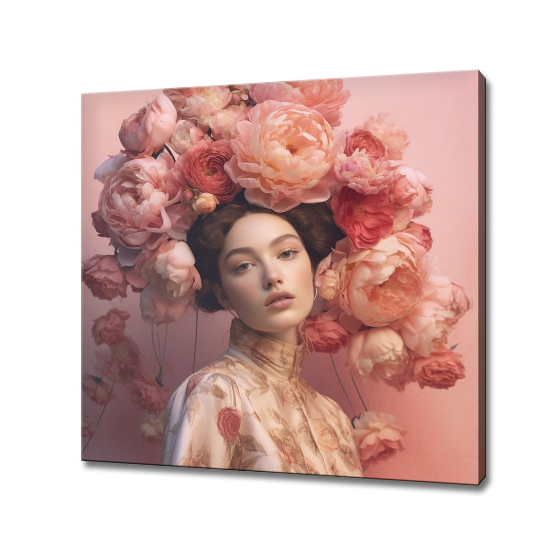 Beautiful Peony Flowers Woman Head Canvas Print, Rococo Flowers Art ...