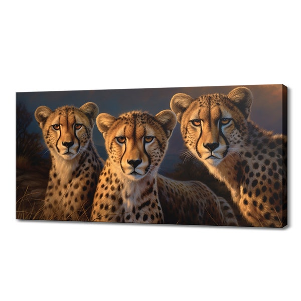 Cheetah familie canvas print, wilde katten geïnspireerde kunst, betoverende dieren canvas kunst aan de muur, wildlife home decor, majestueuze dieren foto afdrukken