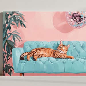 Tabby Cat Disco Ball Canvas Print Wall Art, Uroczy, dziwaczny, kapryśny wydruk artystyczny, Prezent dla miłośnika kotów, Retro Cocktail Art Bar Cart Wall Decor
