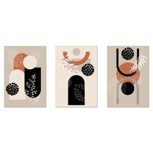 Boho Abstract Wall Art Prints, Nordic Wall Decor, Botanical Geometric Art, Terracotta Beige Black Set Of 3 Prints, Canvas Print Wall Art