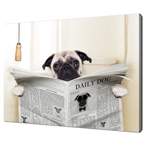 Funky Pug Dog Sitting On A Toilet Seat Reading News Modern Design Home Decor Canvas Print Wall Art Picture