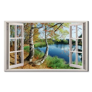Birch Trees Over The Lake Window View, Window Frame Style Modern Design Home Decor Canvas Print Wall Art Picture Ready To Hang