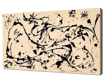 May include: Abstract black and white painting on a beige background with black splatter paint and brushstrokes. The painting has a dynamic and energetic feel.