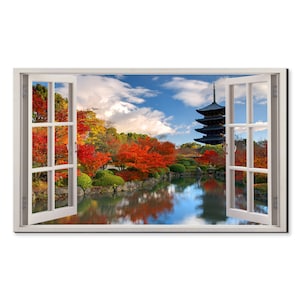 Japan Toji Pagoda In Kyoto Window View, Window Frame Style Modern Design Home Decor Canvas Print Wall Art Ready To Hang