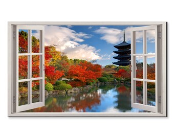 Japan Toji Pagoda In Kyoto Window View, Window Frame Style Modern Design Home Decor Canvas Print Wall Art Ready To Hang