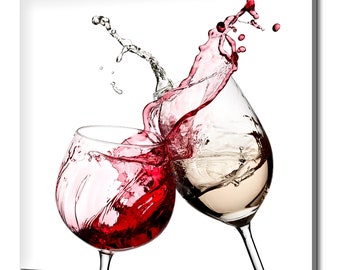May include: Two wine glasses clinking together, one filled with red wine and the other with white wine, with splashes of wine flying out of the glasses.