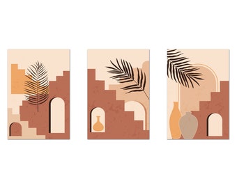 Neutral Botanical Art, Abstract Boho Art, Set Of 3 Prints, Abstract Shapes Beige Terracotta Canvas Print Wall Art Picture