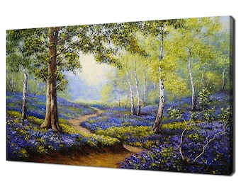 Spring Forest Bluebells Flowers Painting Style Modern Design Decor Canvas Print Wall Art Picture