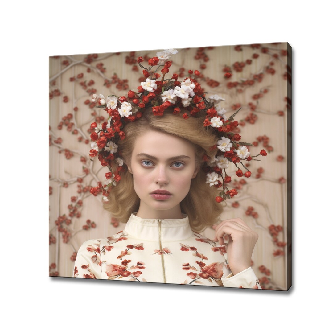 Red White Blossom Flowers Woman Head Canvas Print, Rococo Flowers Art ...