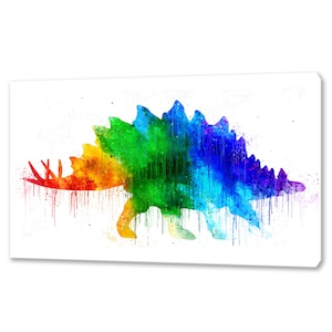 Dinosaure stégosaure dino arc-en-ciel coloré aquarelle Design moderne chambre d&#39;enfants décor à la maison toile impression art mural prêt à accrocher