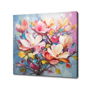 Pastel Colourful Magnolia Flowers Tree, Oil Painting Style Canvas Print Wall Art, Modern Floral Design Home Decor, Botanical Flower Wall Art