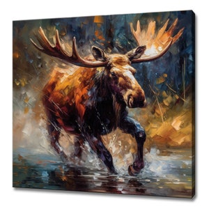 Beautiful Colourful Moose Running In The Water Painting Animal Canvas Print Wall Art Picture Modern Design
