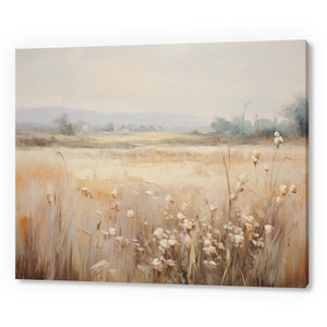 Vintage Wildflower Field Country Landscape Muted Moody Painting Style Canvas Print, Farmhouse Decor Art, Neutral Nature Picture Wall Hanging