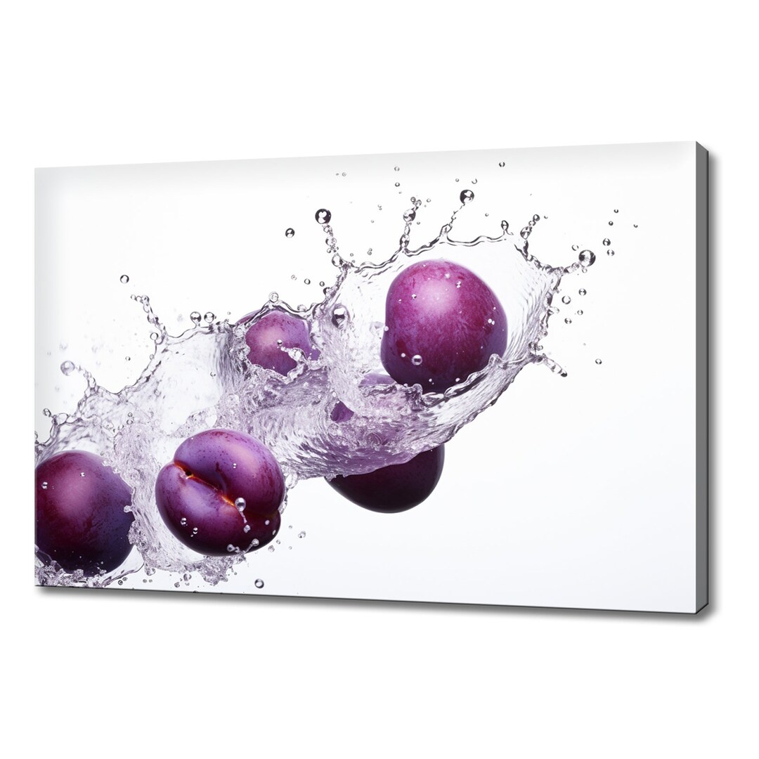 Purple Plums Fruits Water Splash Canvas Print, Colourful Kitchen Wall ...
