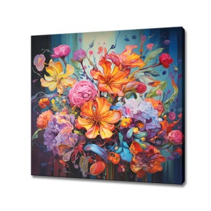Bouquet Of Colourful Flowers, Oil Painting Style Canvas Print Wall Art, Modern Floral Design Home Decor, Botanical Flowers Wall Art