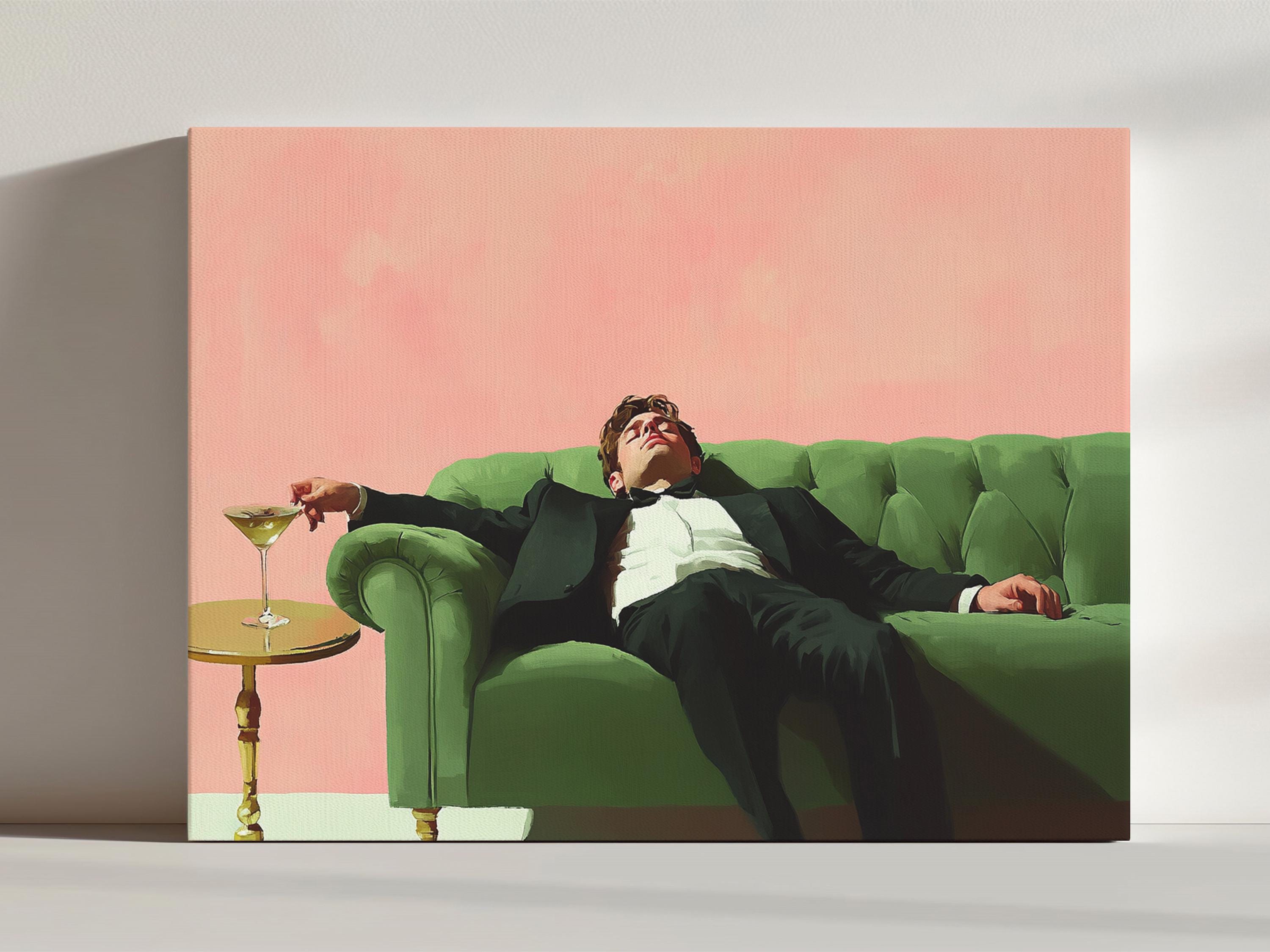 Man Sleeping On Couch With Martini Canvas Print, Modern Fine Art Print, Trendy Kitchen Wall Art, Retro Cocktail Art Bar Cart Wall Decor
