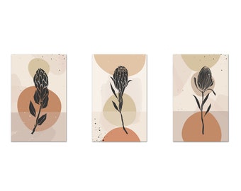 Abstract Boho Art, Neutral Botanical, Set Of 3 Prints, Protea Flowers Art, Boho Abstract Wall Art Prints, Canvas Print Wall Art