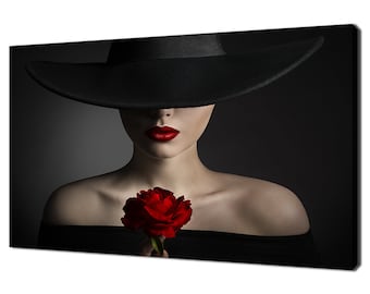 Beautiful Elegant Woman With Red Rose Flower Modern Design Home Decor Canvas Print Wall Art Picture