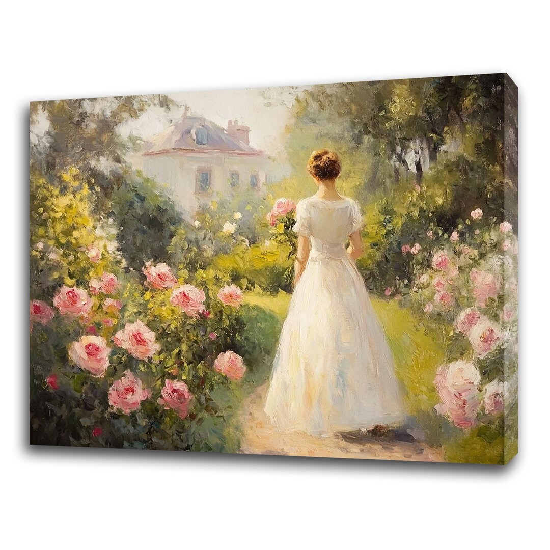 Beautiful Woman in the Pink Rose Garden Vintage Victorian Painting ...
