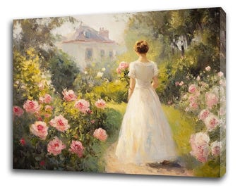 May include: A woman in a white dress walks through a garden with pink roses. The garden is lush and green with a white building in the background.