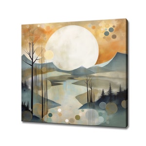 Abstract Moon Behind Mountains Landscape Painting Style Canvas Print, Large Wall Art Print, Neutral Nature Picture Wall Hanging
