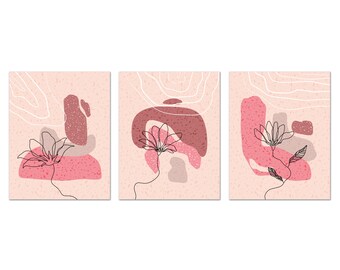 Abstract Boho Art, Neutral Botanical Flowers, Abstract Shapes Lines Pink, Set Of 3 Prints, Canvas Print Wall Art Picture